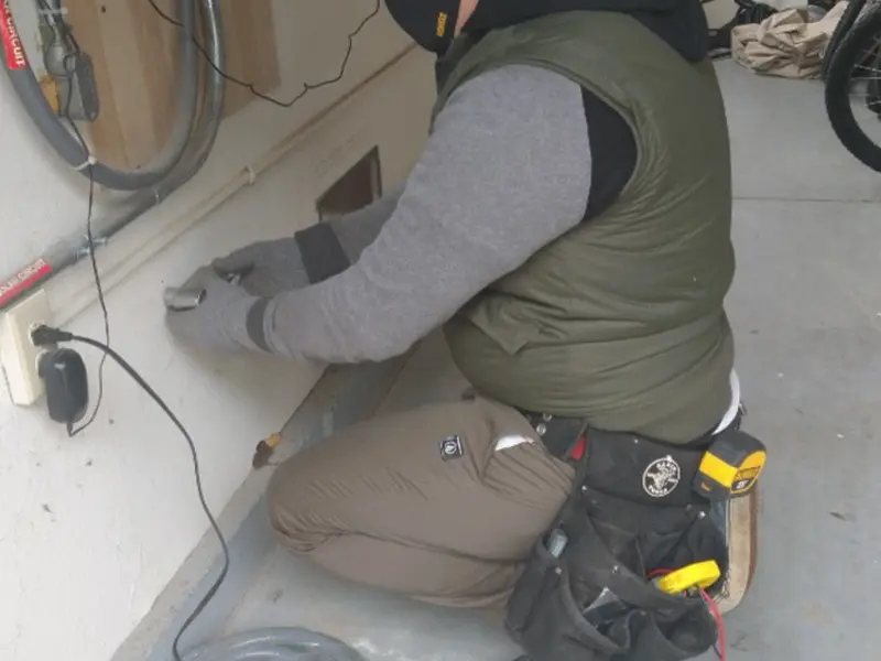 Electrician performing outlet wiring in a Woodfin garage